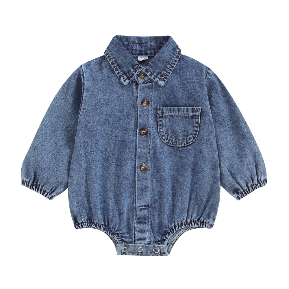 Baby Boy Denim Romper Long Sleeve Lapel Collar Solid Color Bodysuit