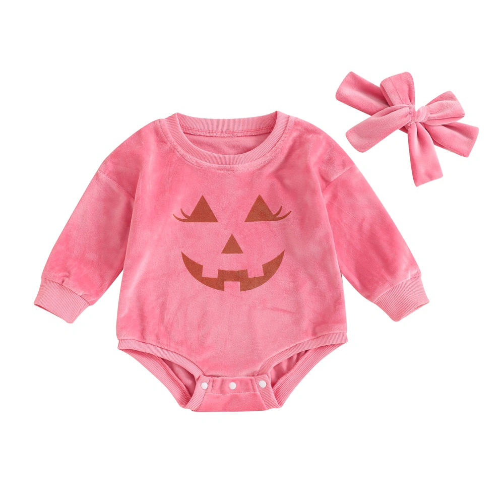 Baby Girl Halloween Outfit Pumpkin Long Sleeve Velvet Romper Headband 