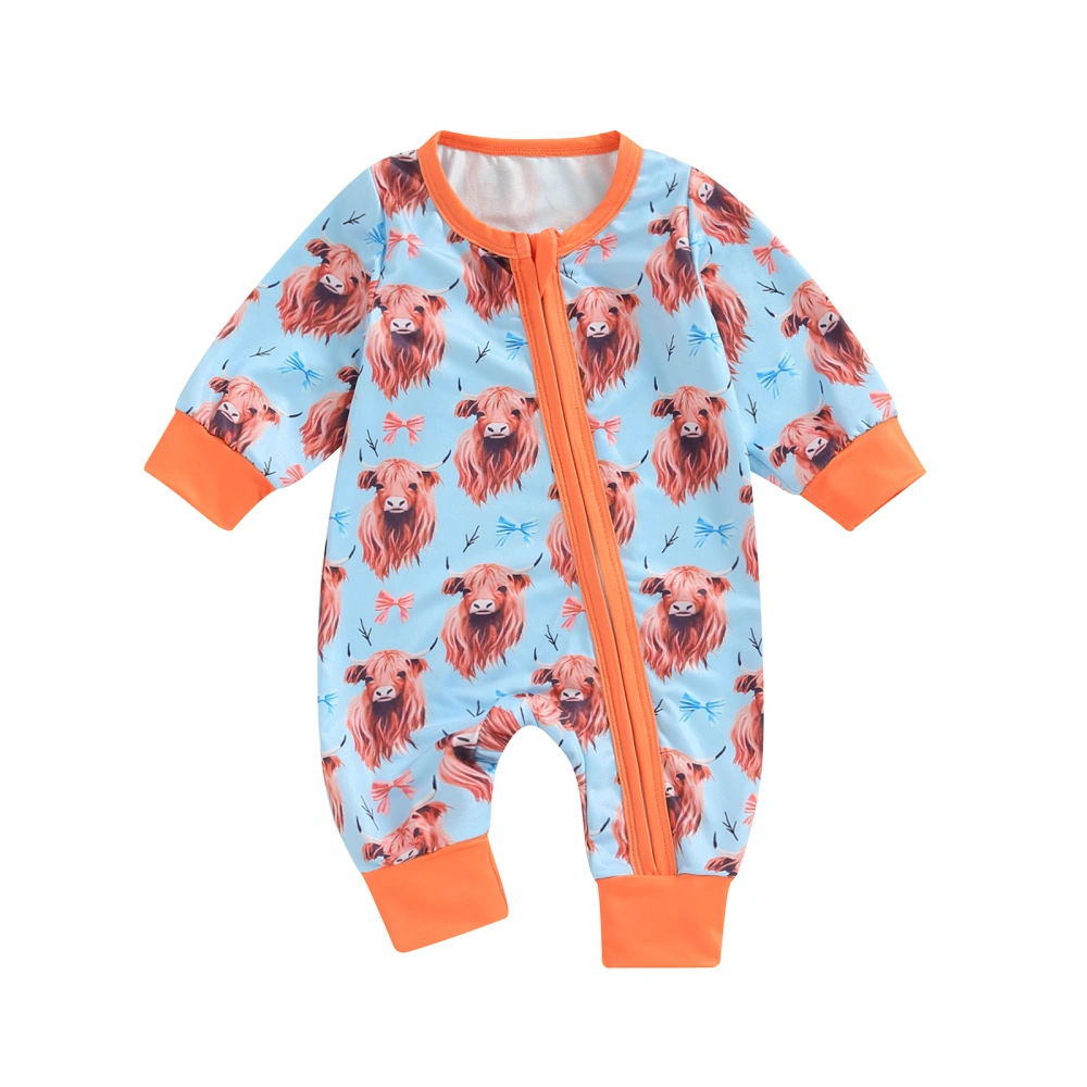 Toddler Long Sleeve Romper Western Cow Print Zipper Baby Jumpsuit