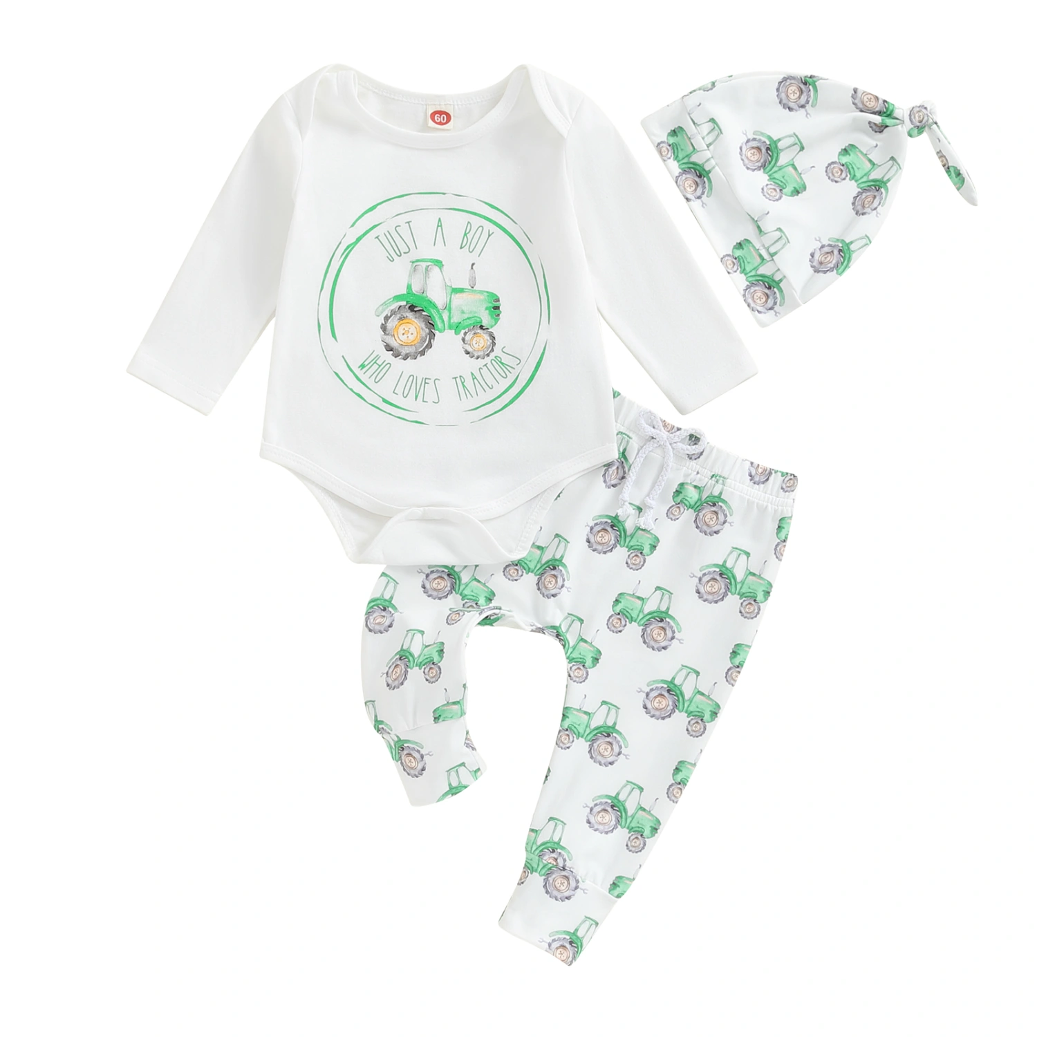 Baby Boy Fall Outfit Tractor Print Rompers and Elastic Pants Hat Set