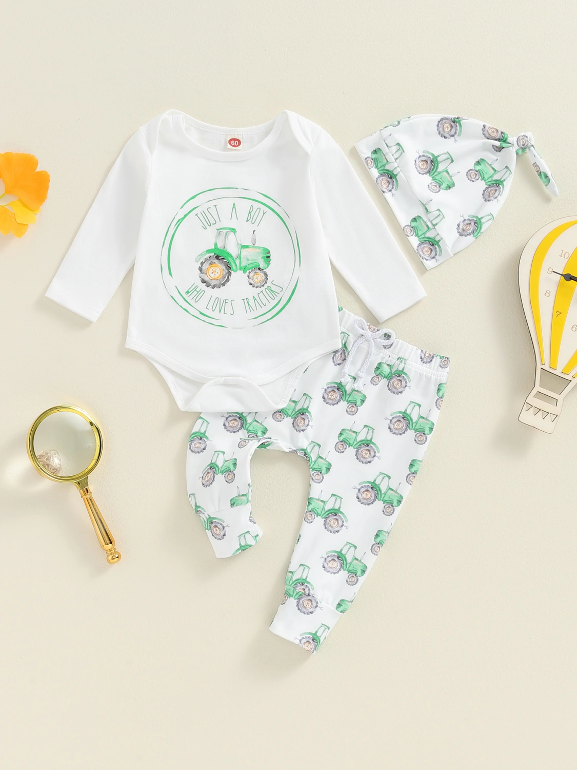 Baby Boy Fall Outfit Tractor Print Rompers and Elastic Pants Hat Set