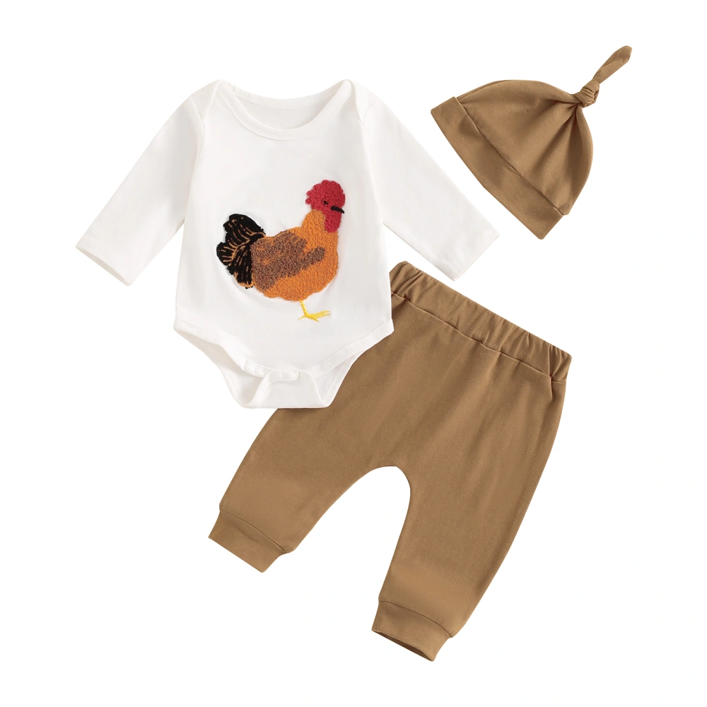 Baby Boy Girl Fall Outfit, Rooster Long Sleeve Romper Pants Hat 