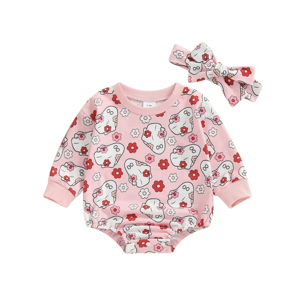 Infant Girl Rompers Flower Ghost Print Bodysuits with Headband