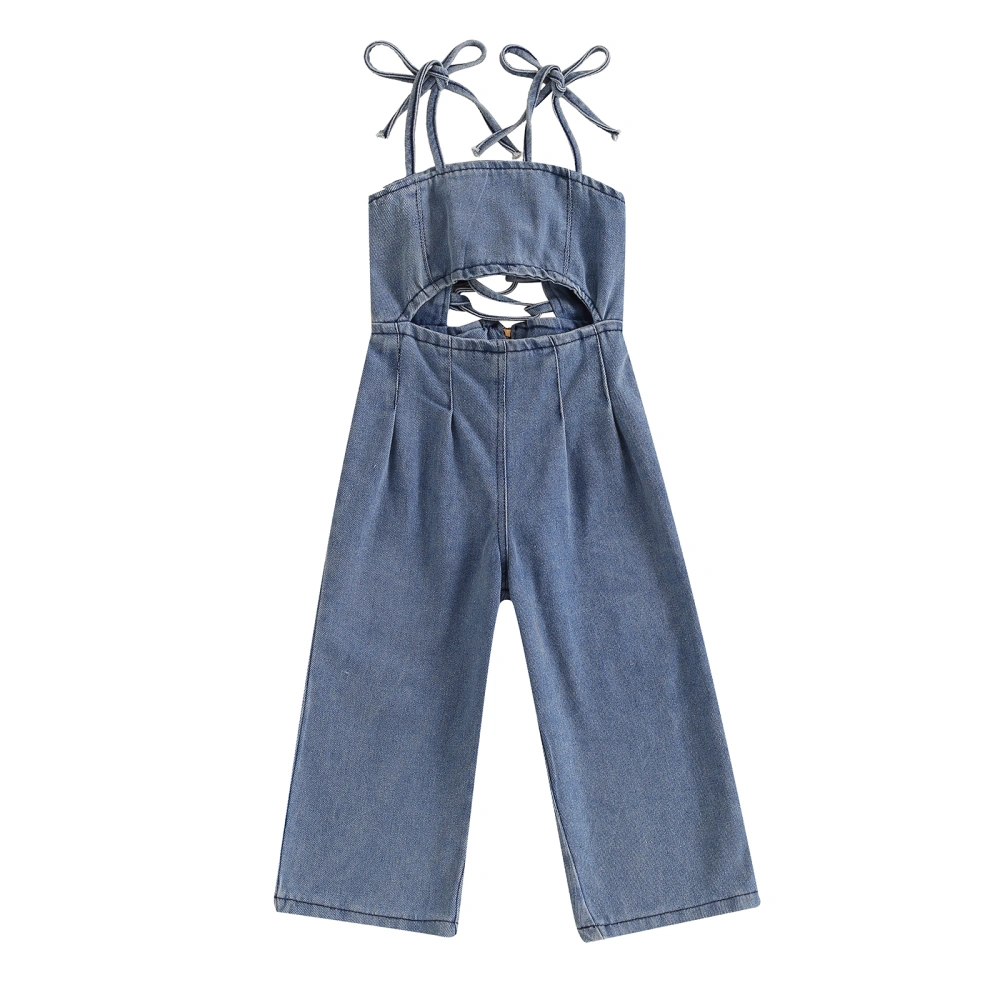 Girl Denim Jumpsuit Solid Color Tie Shoulder Strap Wide Leg Romper