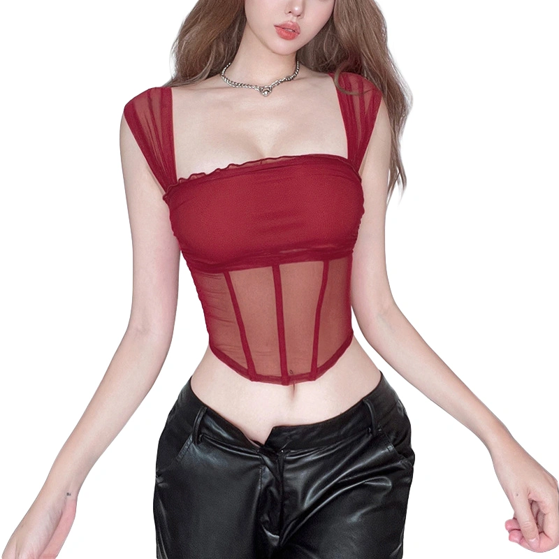 Women Crop Tank Tops Solid Color Mesh See-Through Backless Vests