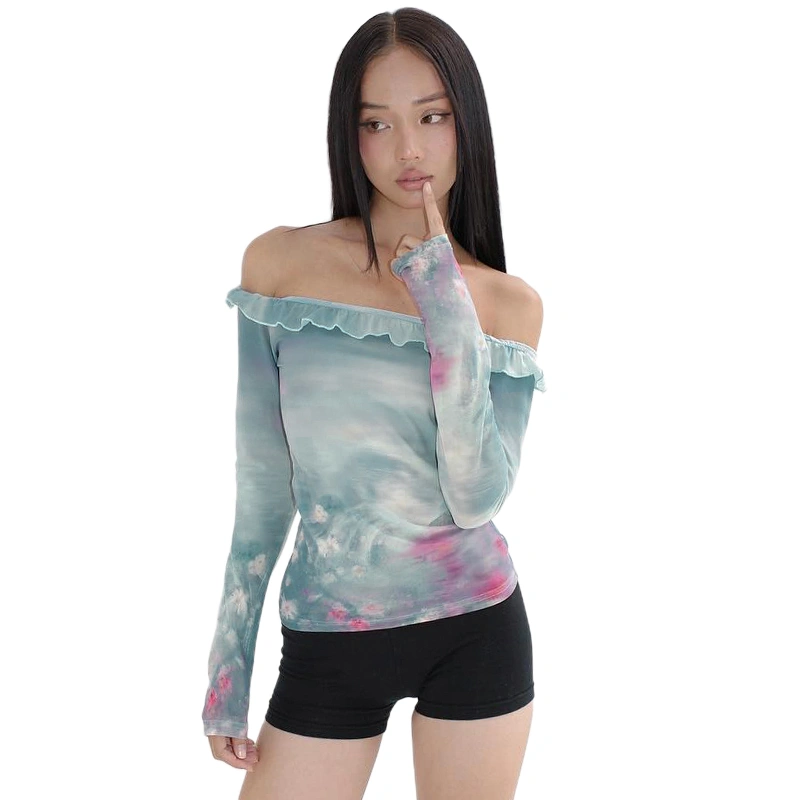 Women’s Off Shoulder Ruffle Tops Long Sleeve Abstract Print T-Shirt