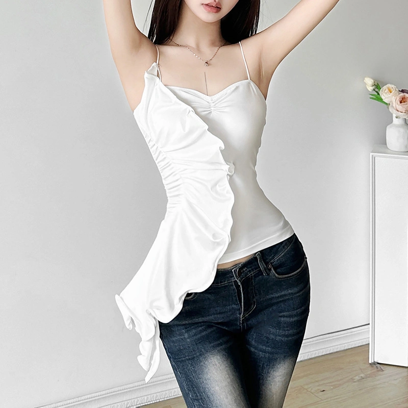 Women's Slim Camisole Spaghetti Strap Asymmetric Ruffled Crop Tops