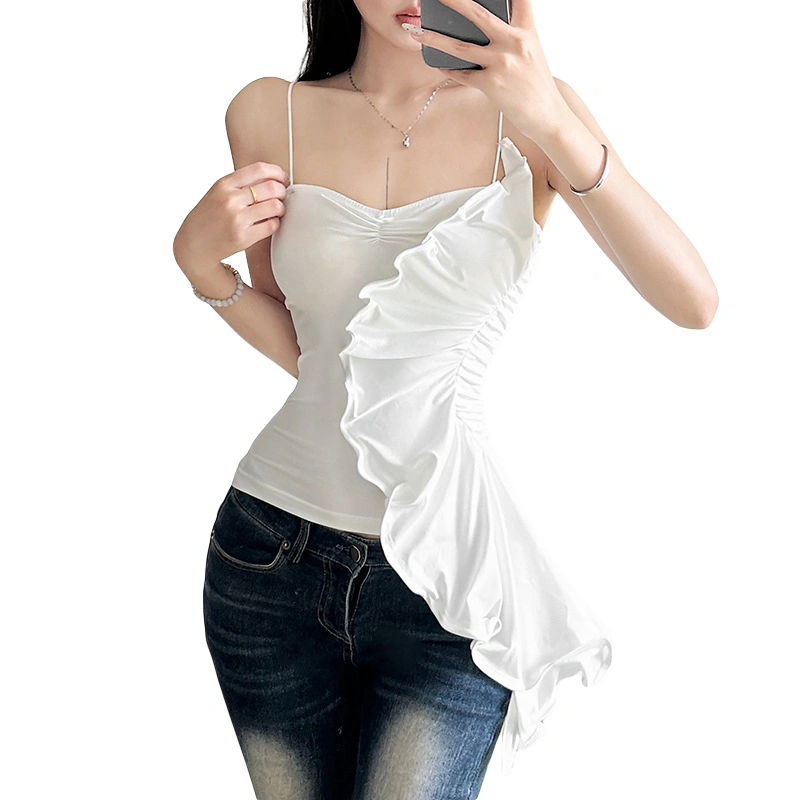 Women's Slim Camisole Spaghetti Strap Asymmetric Ruffled Crop Tops