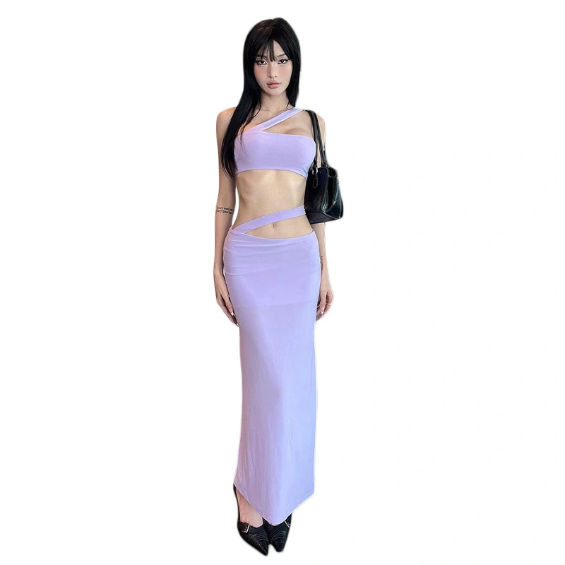 Women 2 Piece Outfits Irregular Halter Neck Top and Cutout Skirt Set