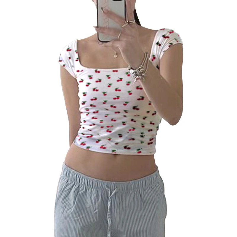 Women T-shirt, Short Sleeve Square Neck Cherry Print Crop Top