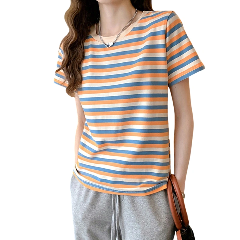 Women's Summer Tops Short Sleeve Stripes Print Classic Fit T-Shirts