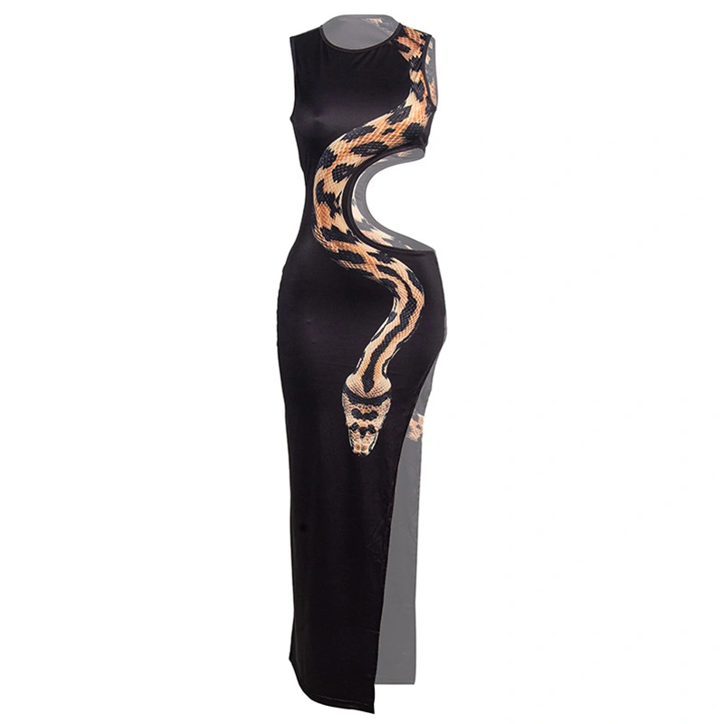 Women's Long Tank Dress Sleeveless High Split Snake Print Dress