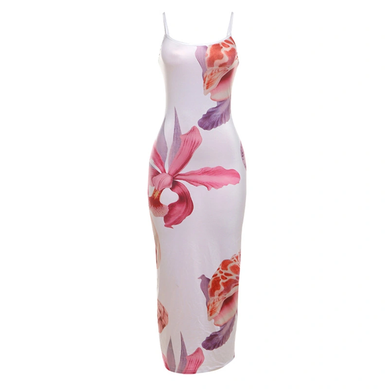 Women Long Dress, Spaghetti Straps Backless Flower Print Bodycon Dress