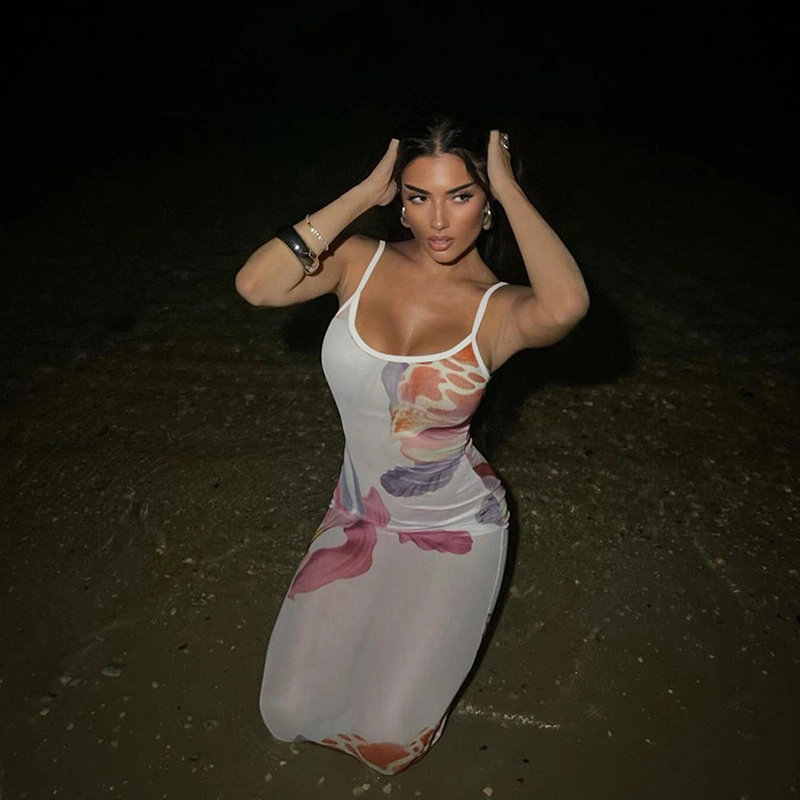 Women Long Dress, Spaghetti Straps Backless Flower Print Bodycon Dress