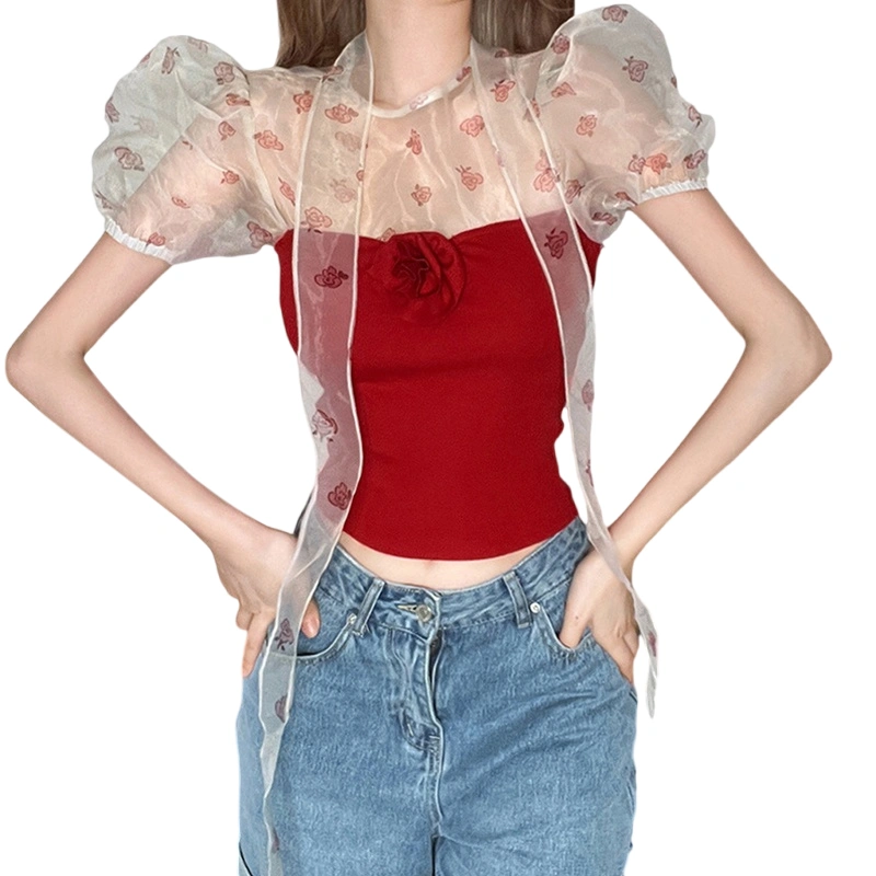 Women's Summer Floral Print Tops Puff Sleeve Mesh Patchwork T-Shirts