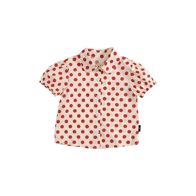 Girls Summer Button Up Tops Short Puff Sleeve Lapel Dot Print Shirt