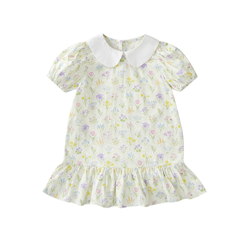 Kids Girls Dress Floral Print Short Sleeve Doll Collar Casual Dress