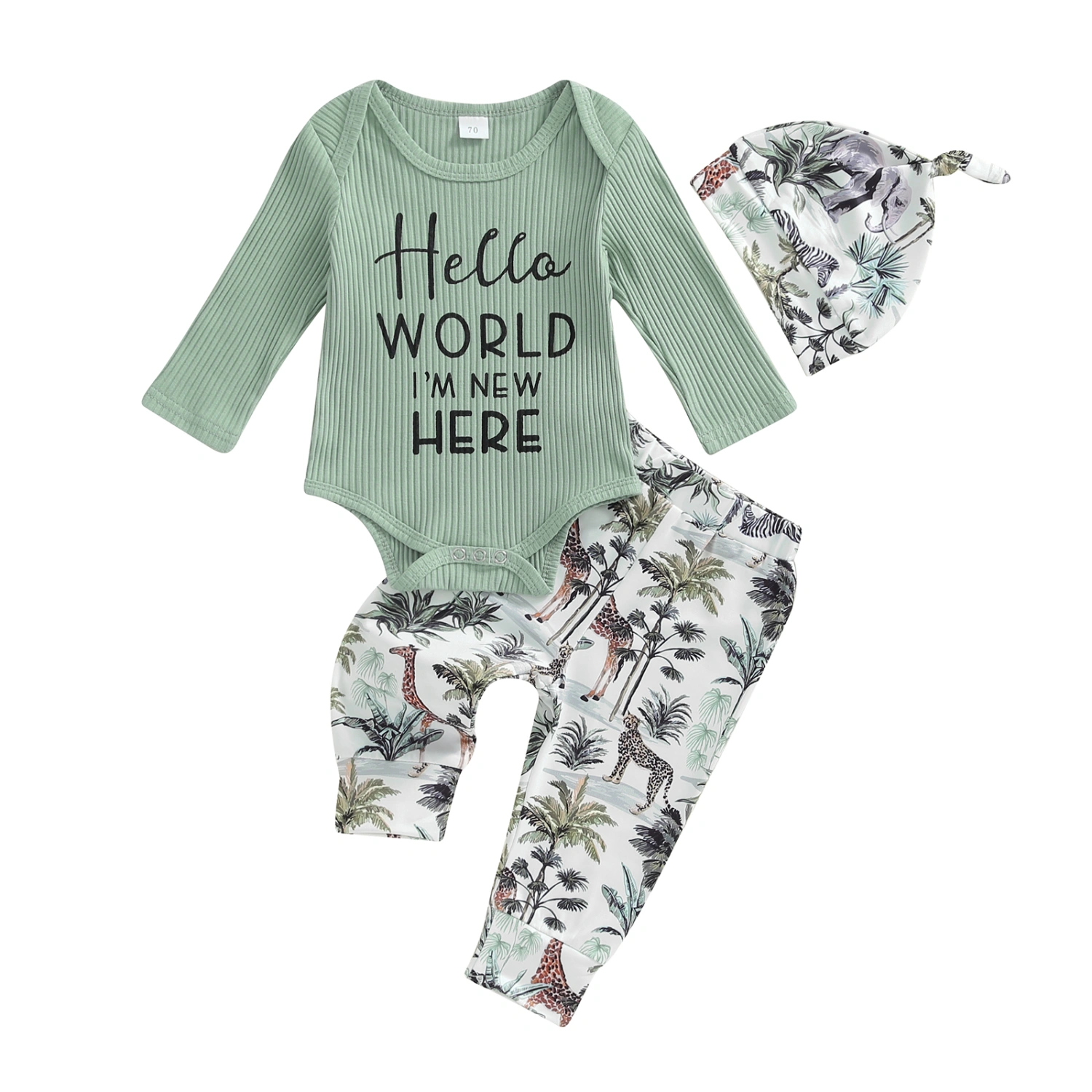 Baby Boy Fall Outfit Tropical Print Rompers and Pants Beanie Hat