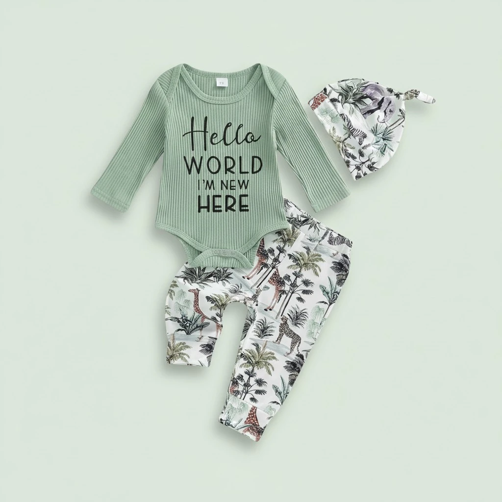 Baby Boy Fall Outfit Tropical Print Rompers and Pants Beanie Hat