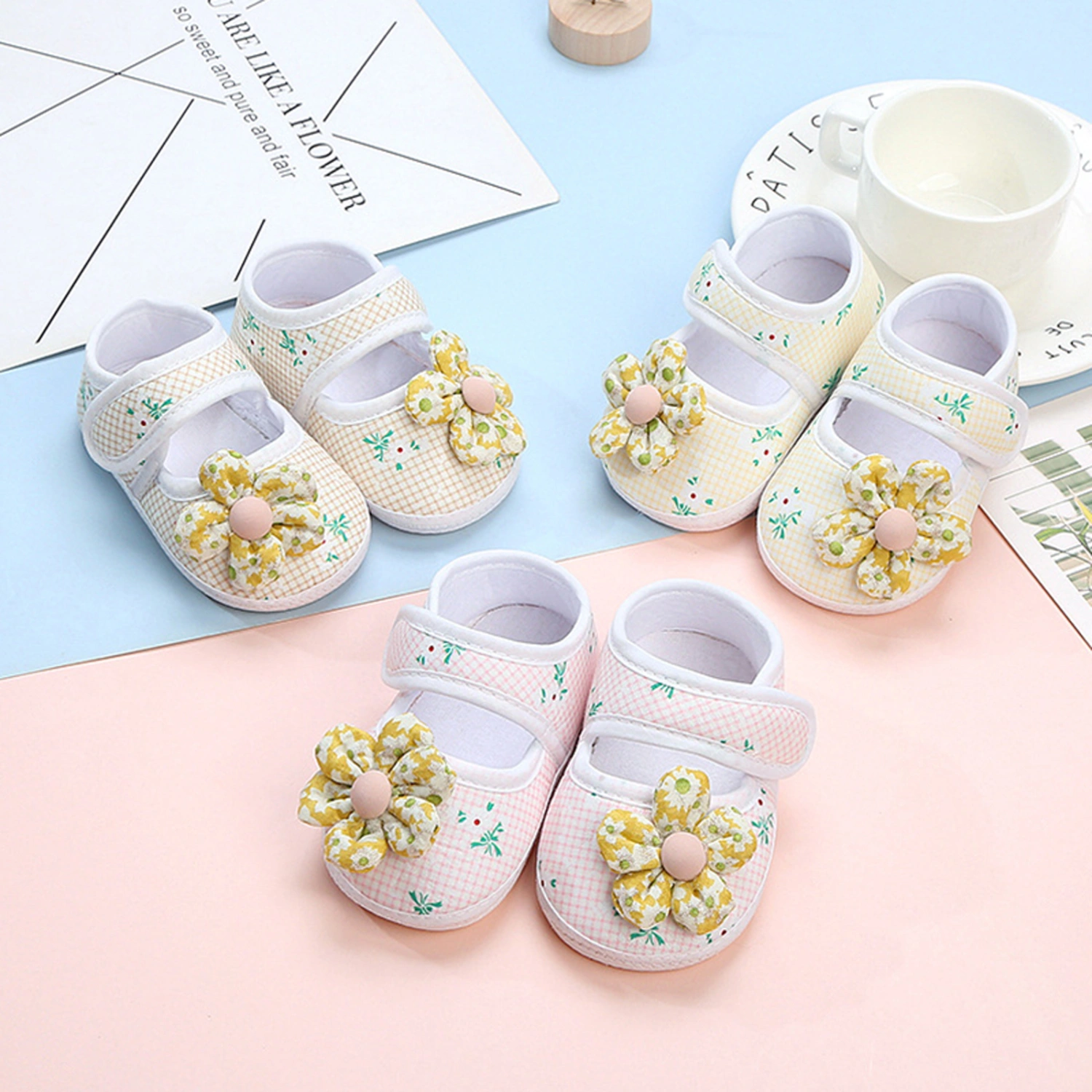 Baby Girl Cotton Cloth Flats Infant 3D Flower Walker Crib Shoes