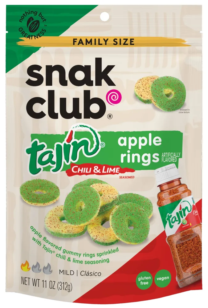 Snak Club Apple Rings, Tajin Chili & Lime Seasoned, Sweet and Spicy Gummy Candy, Mild in Heat Bold in Flavor, Low-Fat, Vegan, Gluten-Free Snack, Family Size, 11 Ounce