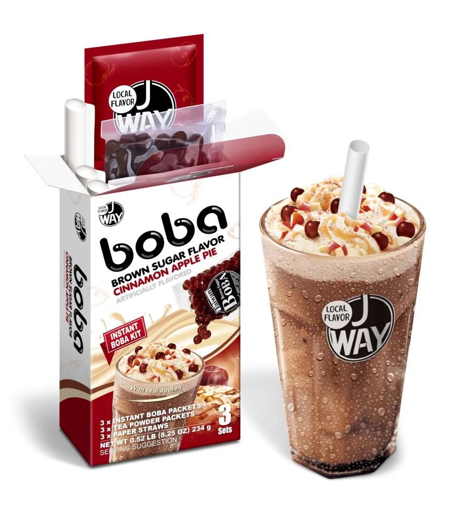 J WAY LOCAL FLAVOR J Way Instant Boba Bubble Pearl Cinnamon Apple Pie Milk Tea Kit with Authentic Brown Sugar Tapioca Boba, Ready in Under One Minute, Paper Straws Included - 3 Servings