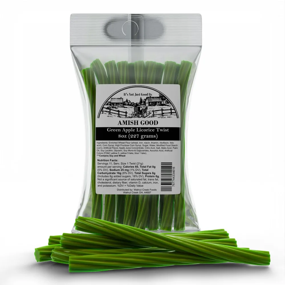 Amish Good Gourmet Licorice Twist Candy - Premium Sweet & Chewy Treat, Jumbo Green Apple Licorice Twist Perfect Snack Under 100 Calories (2 Pack)