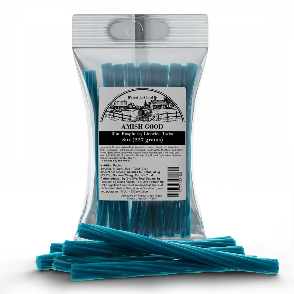 Amish Good Gourmet Licorice Twist Candy - Premium Sweet & Chewy Treat, Blue Raspberry Jumbo Licorice Twist Perfect Snack Under 100 Calories (2 Pack)