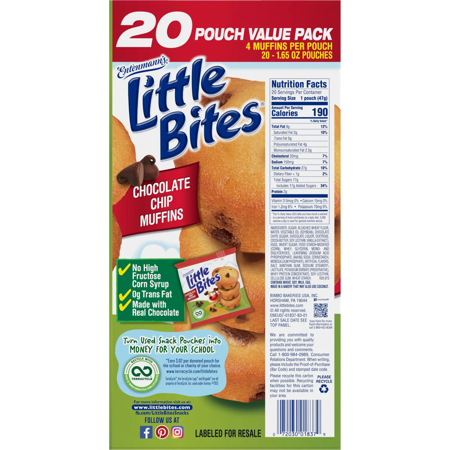 (Value Pack) Little Bites Chocolate Chip Muffins, 20 individual packs, (4 ct each), Mini Muffins, 33 oz Multipack