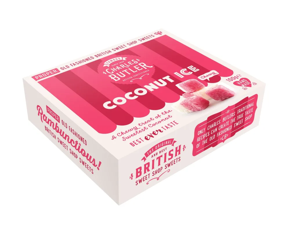 Charles Butler Coconut Ice Candy | Old Fashioned British Sweets | from England | Natural & Gluten Free | Handmade Chewy Candy | Traditional Gourmet Food Gift Box | 3.53 Oz (100g)