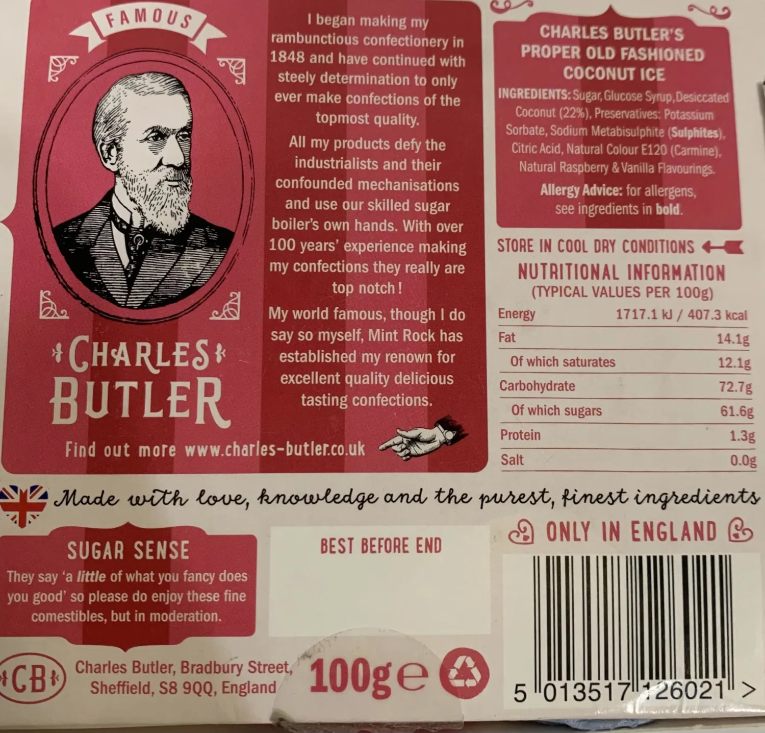 Charles Butler Coconut Ice Candy | Old Fashioned British Sweets | from England | Natural & Gluten Free | Handmade Chewy Candy | Traditional Gourmet Food Gift Box | 3.53 Oz (100g)