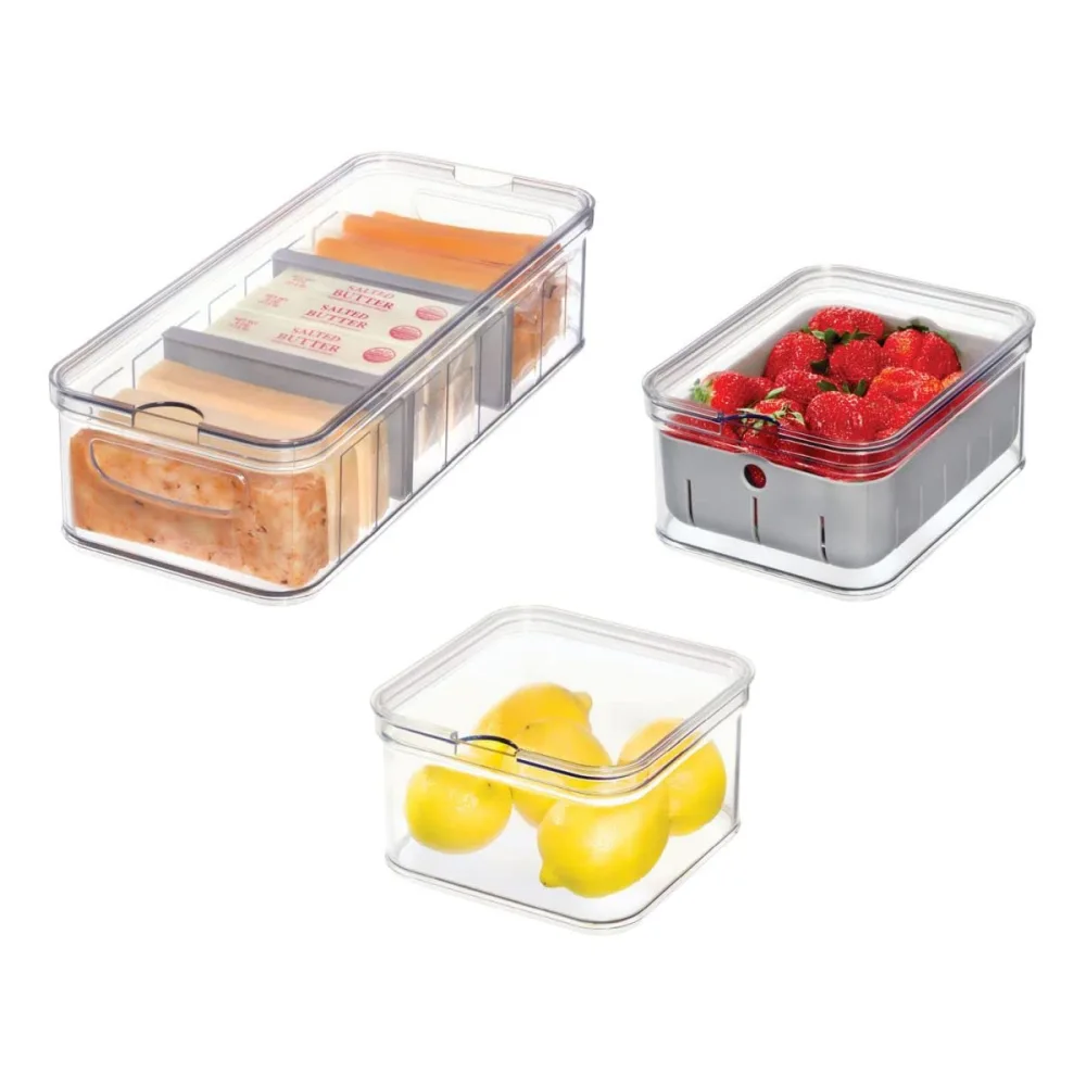 iDesign Crisp 3-Piece Recycled Plastic Refrigerator Organizer Bin Set with Lids, Clear/Gray