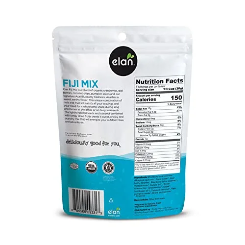 Elan Organic Fiji Mix, 4.8 oz, Non-GMO, Gluten-Free, Vegan, Kosher, Dried Fruits (Dried Goji Berries, Dried Cranberries), Superfood Infused Nuts (Blueberry Acai Cashews), Pumpkin Seeds
