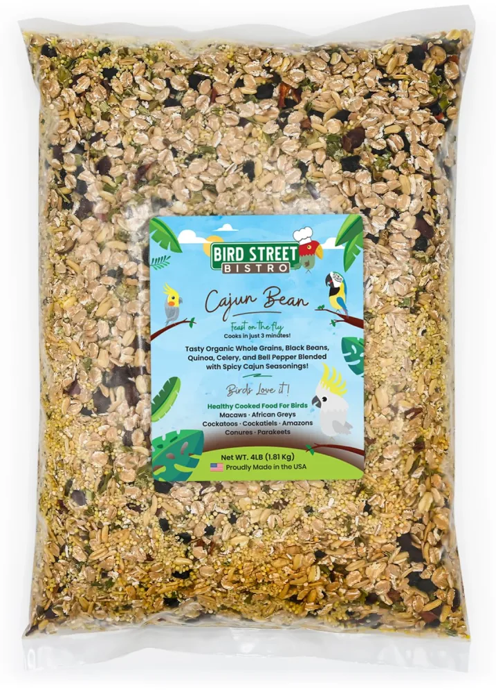 Parrot Parakeet Cockatiel Food - Bird Food - Cooks in 3-15 min with Natural & Organic Grains - Legumes - Non-GMO Fruits, Vegetables, & Health Orientated Spices (4.00 Pound (Pack of 1), Cajun Bean)