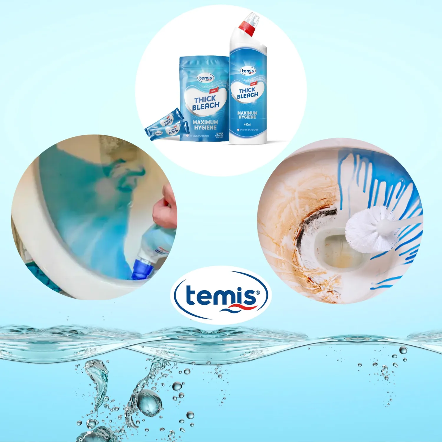 Temis Thick Bleach Liquid - 135 fl oz total (10x13.5 fl oz), Toilet Bowl Cleaner, Liquid Bleach Cleaner for Bathroom and Kitchen