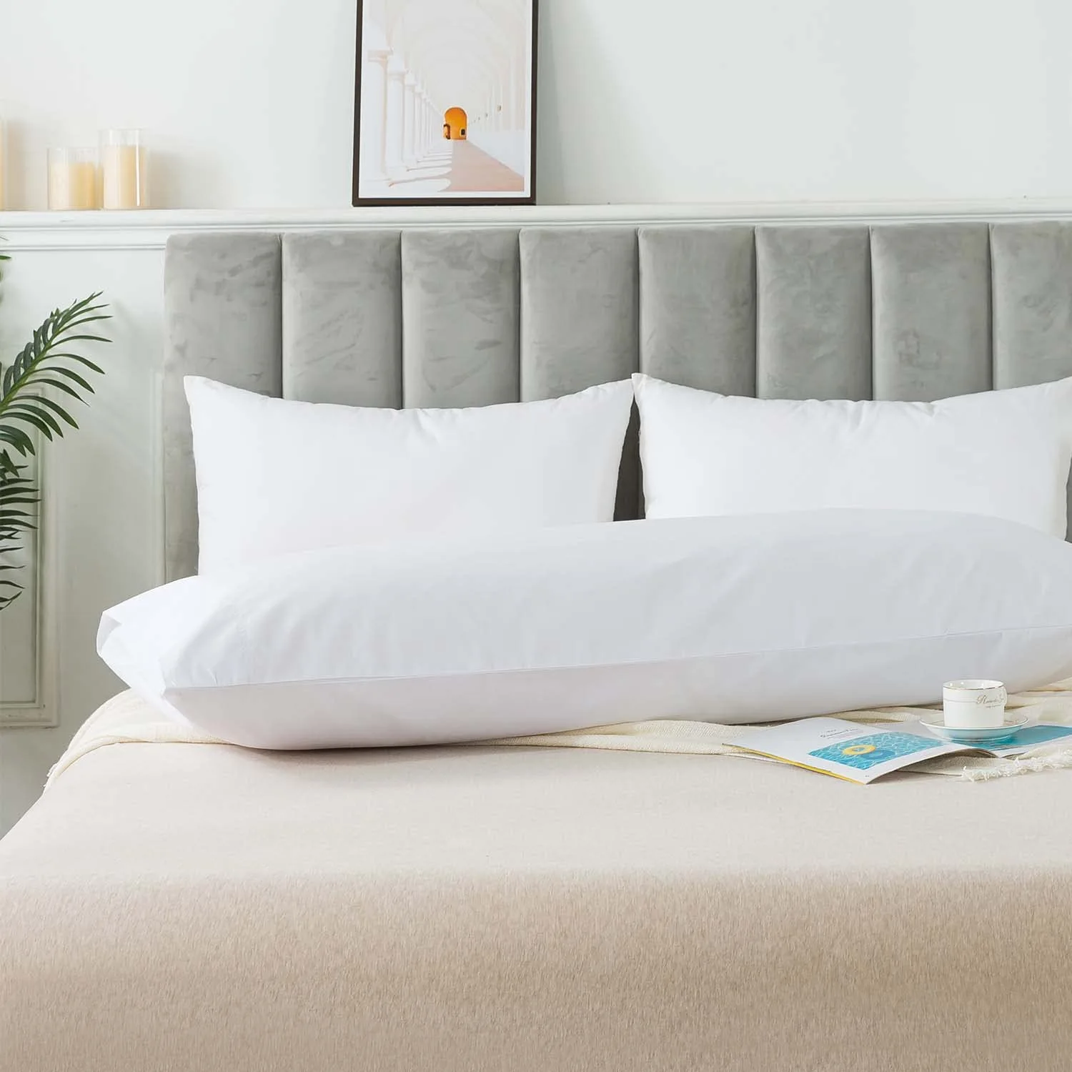 WhatsBedding Body Pillow Cover Cotton Fabric, Long Pillowcase Breathable & Skin-Friendly, Envelope Closure - White (21x54 inch)