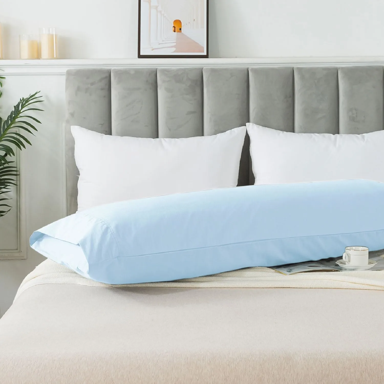 WhatsBedding Body Pillow Cover Cotton Fabric, Long Pillowcase Breathable & Skin-Friendly, Envelope Closure - Light Blue (21x54 inch)
