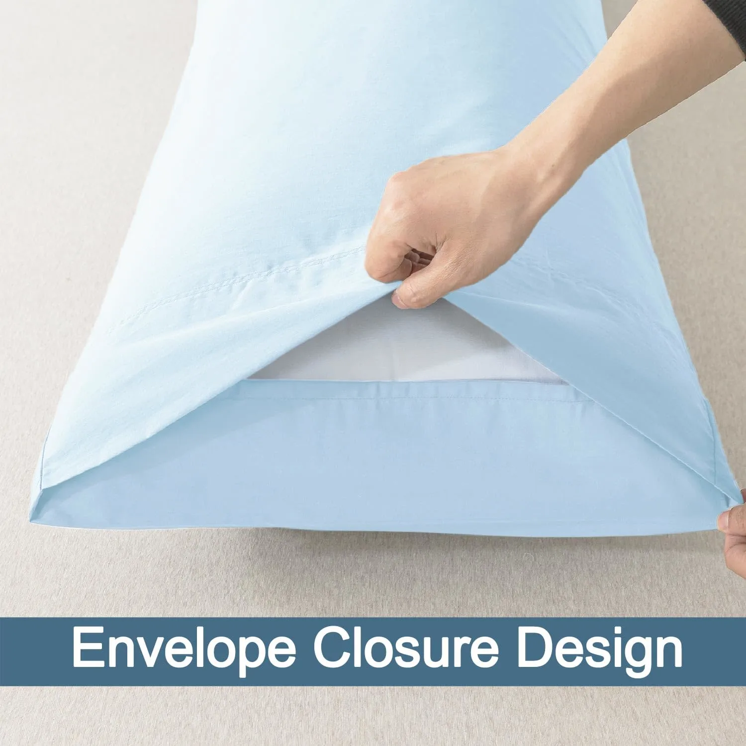 WhatsBedding Body Pillow Cover Cotton Fabric, Long Pillowcase Breathable & Skin-Friendly, Envelope Closure - Light Blue (21x54 inch)