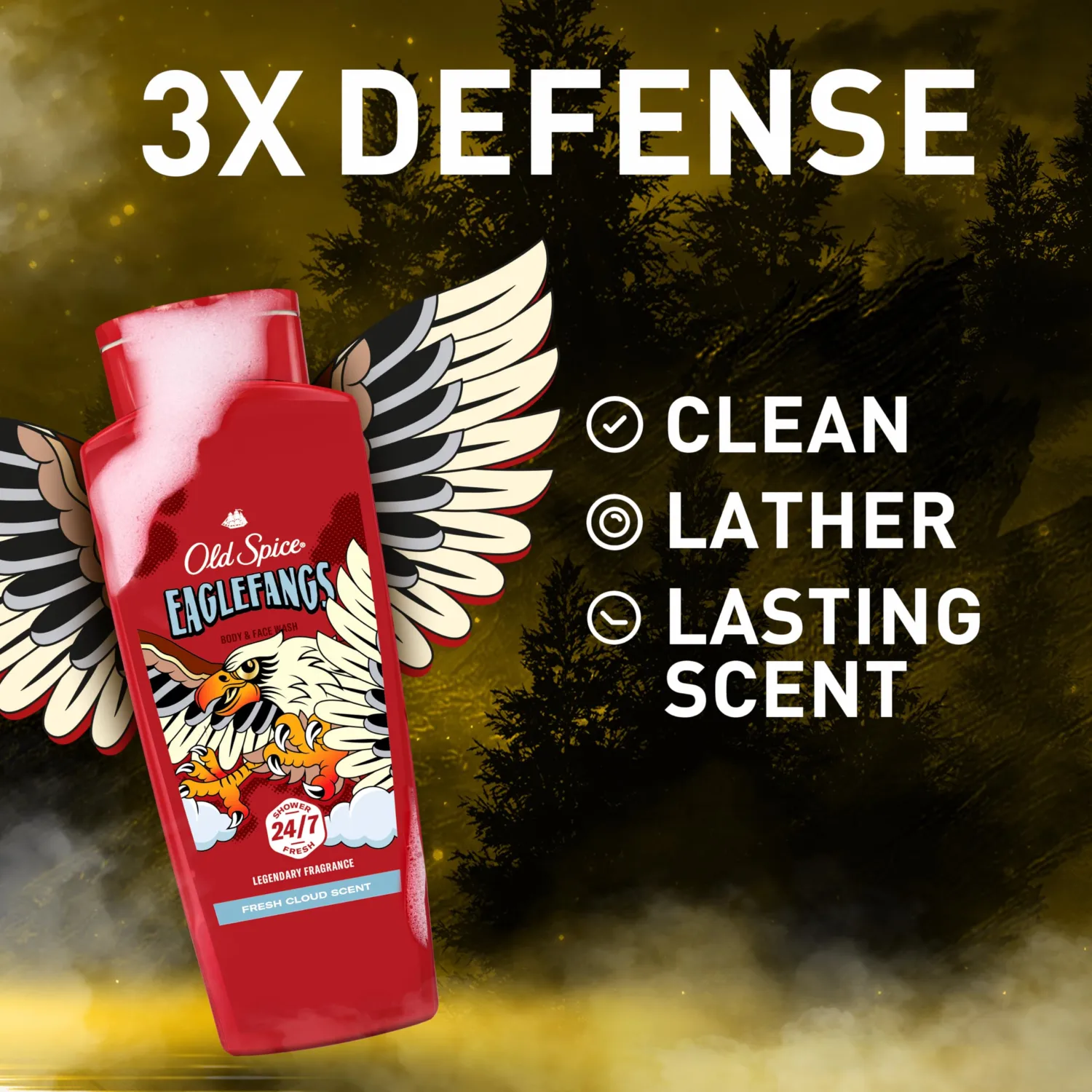 Old Spice Cleansing Body Wash for Men, 3X Defense, 24/7 Shower Fresh with Lasting Scent, 2-in-1 Body & Face Wash, Eaglefangs Scent, 24 oz (Pack of 4)