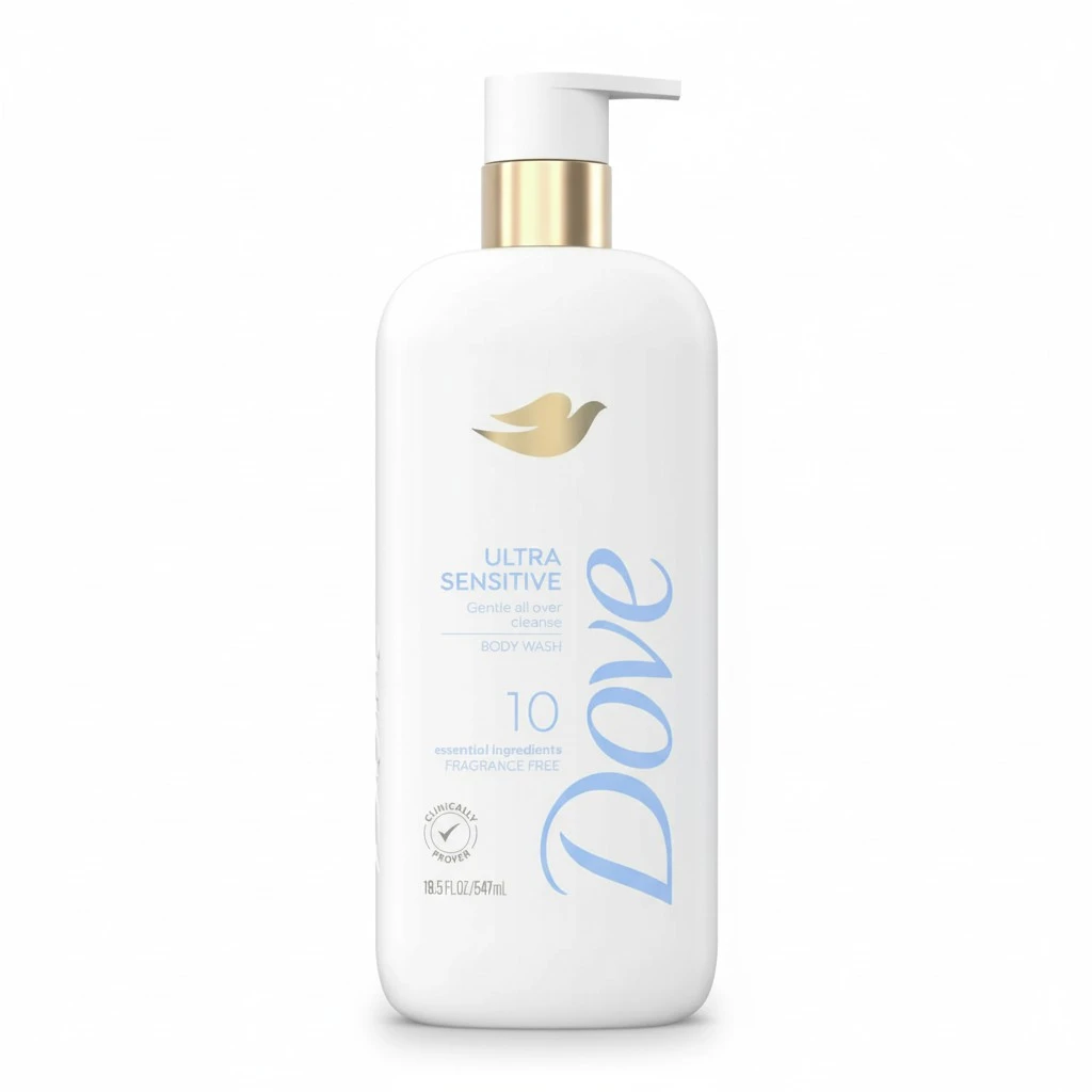 Dove Fragrance Free Body Wash Ultra Sensitive Gentle all-over cleanse 10 essential ingredients 18.5 oz