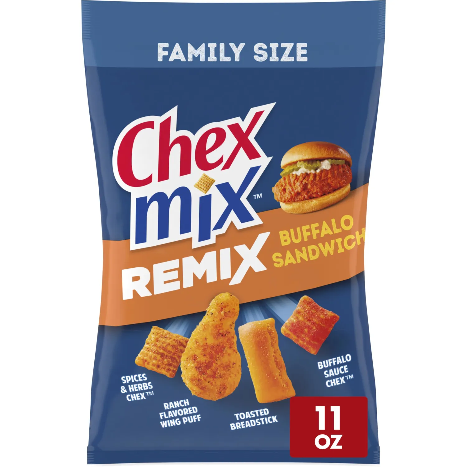 Chex Mix Snack Mix, Remix Buffalo Sandwich, Savory Snack Bag, Family Size, 11 oz