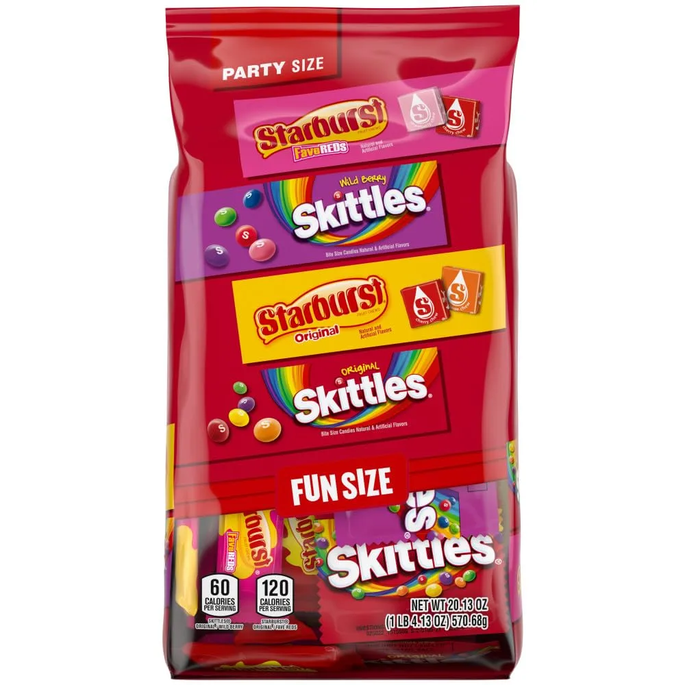 SKITTLES Original, SKITTLES Wild Berry & STARBURST Original and STARBURST FaveReds Fun Size Chewy Candy Variety Bag, Party Size, 20.13 Oz Bulk Bag