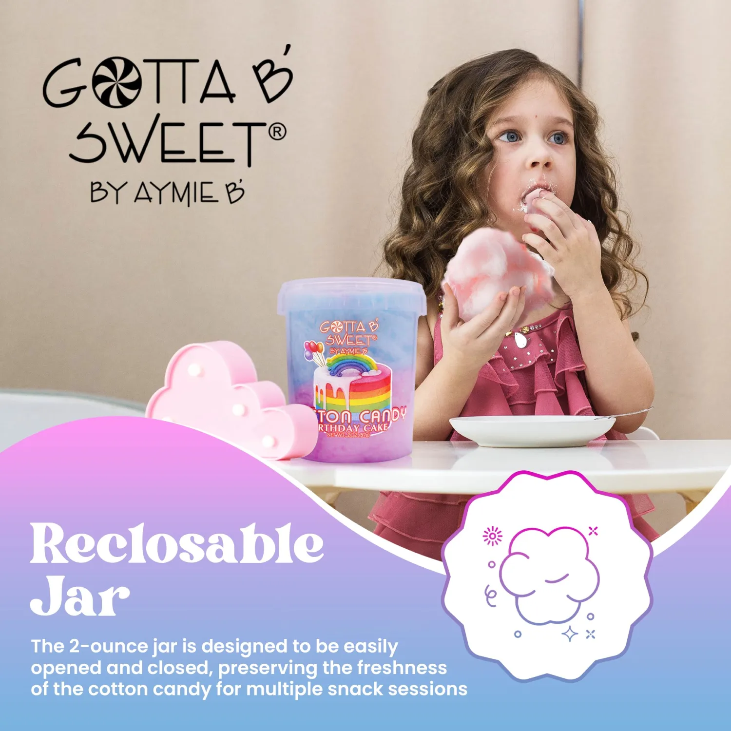 Gotta B Sweet Birthday Cake Flavored Cotton Candy - 2 oz Reclosable Jar - Blue, Pink and White - Birthday Party Treats for Kids