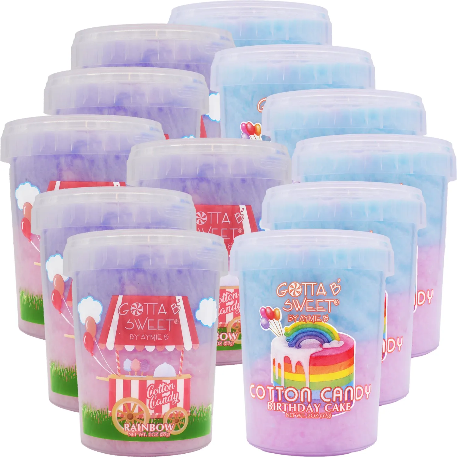 Gotta B Sweet Cotton Candy Variety Pack - Rainbow and Birthday Cake - 2 oz (Pack of 12) - Blue, Pink, Purple and White - Bulk Birthday Party Treats for Kids
