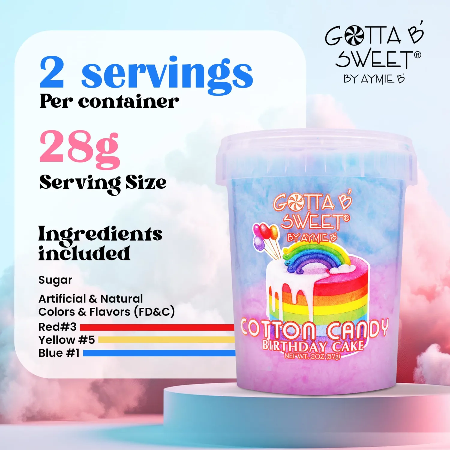 Gotta B Sweet Cotton Candy Variety Pack - Rainbow and Birthday Cake - 2 oz (Pack of 12) - Blue, Pink, Purple and White - Bulk Birthday Party Treats for Kids