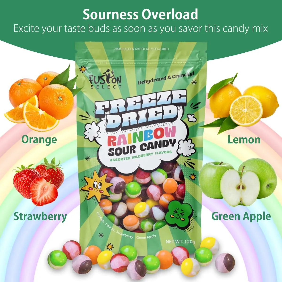 Fusion Select Rainbow Bean Candy - Assorted Freeze Dried Candy with Wildberry & Sour Flavors - Dehydrated, Crunchy, Colorful Treats & Snacks for Kids & Adults - Packed in a Resealable Pouch 120g Each