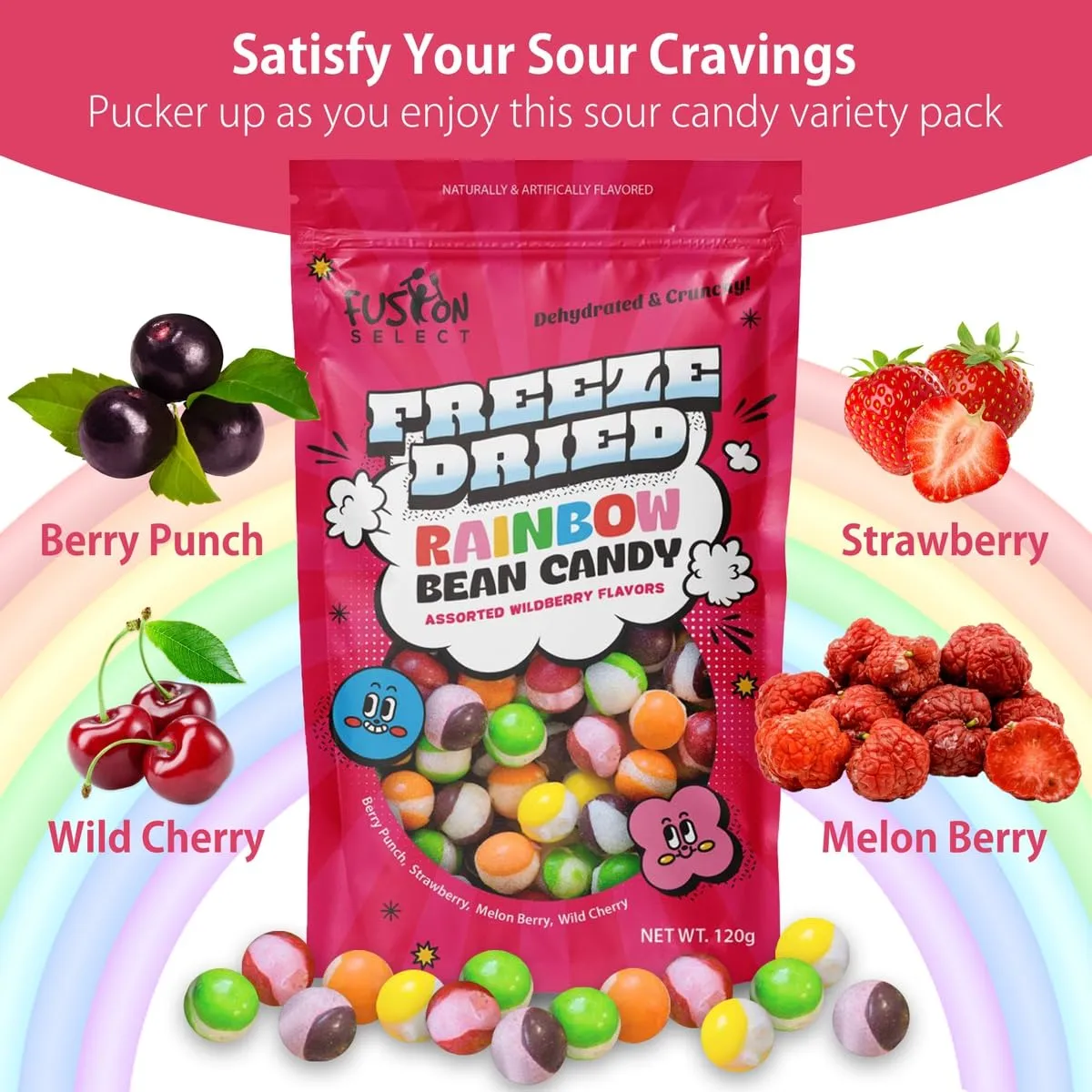 Fusion Select Rainbow Bean Candy - Assorted Freeze Dried Candy with Wildberry & Sour Flavors - Dehydrated, Crunchy, Colorful Treats & Snacks for Kids & Adults - Packed in a Resealable Pouch 120g Each
