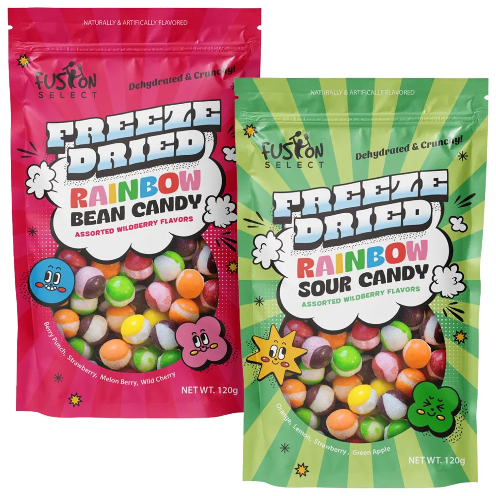 Fusion Select Rainbow Bean Candy - Assorted Freeze Dried Candy with Wildberry & Sour Flavors - Dehydrated, Crunchy, Colorful Treats & Snacks for Kids & Adults - Packed in a Resealable Pouch 120g Each