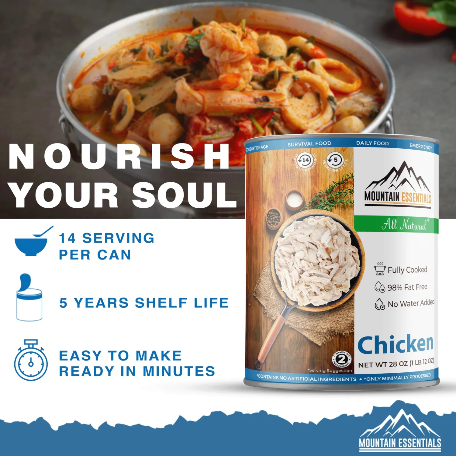 MOUNTAIN ESSENTIALS All Natural Fully Cooked Chicken 28 Oz Recipe Ready Canned Meat No Water Added | No Carbs | No Preservatives Daily Food Perfect for Camping or Home Meals Emergency Food Pack of 1