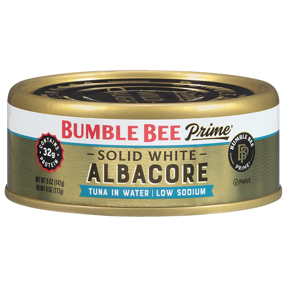 Bumble Bee Prime Low Sodium Solid White Albacore Tuna in Water, 5 oz Can - Premium Wild Caught Tuna - 32g Protein per Serving - Non-GMO Project Verified, Gluten Free, Kosher